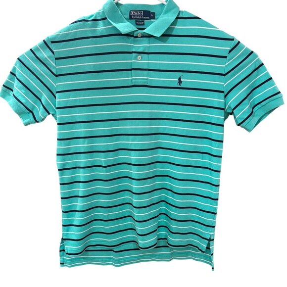 Ralph Lauren Polo Shirt Mens Large Green Striped Short Sleeve Pony Logo Golf - Picture 1 of 10